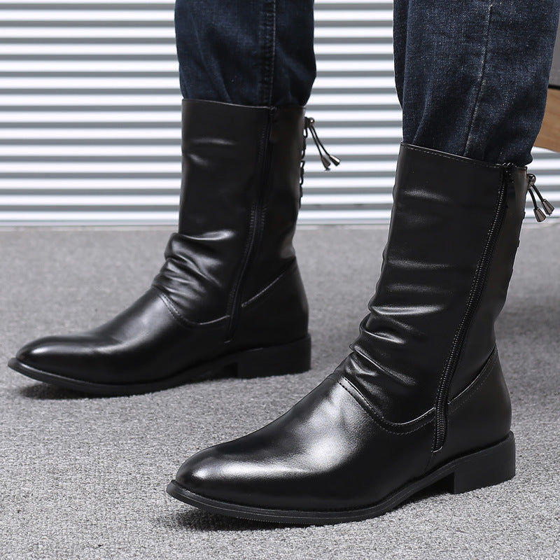 Pointed Leather Boots Men's British Korean High-top Leather Mid-calf Length boots