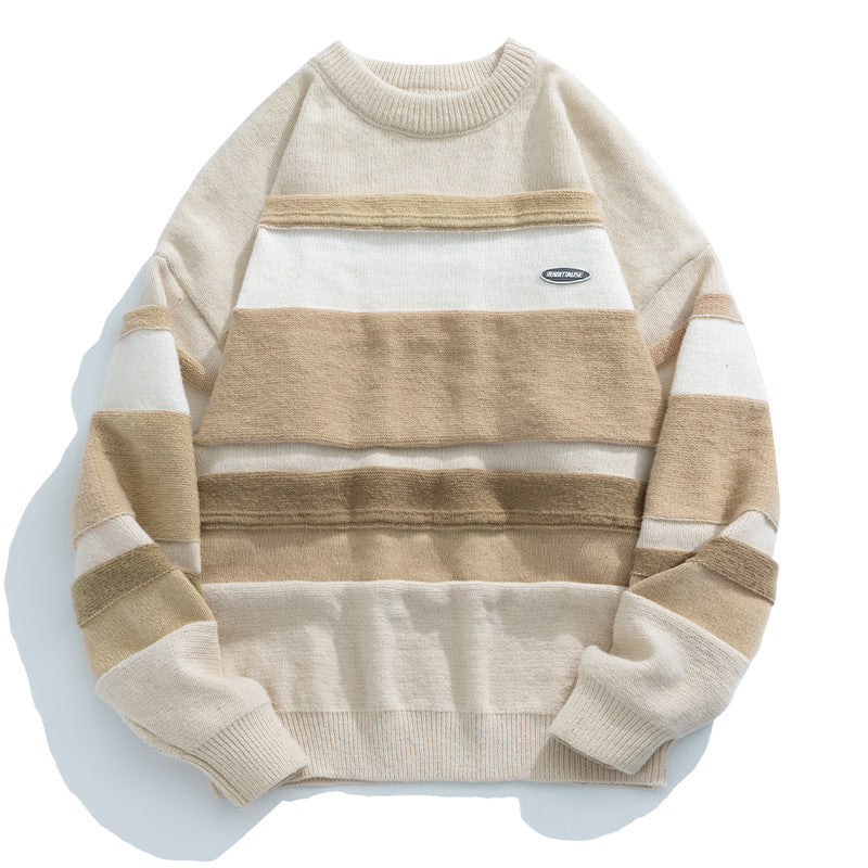 Japanese Style Men's Vintage Stripe Round Neck Sweater