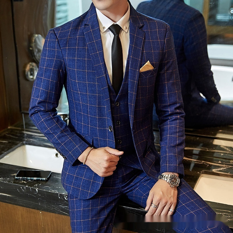 Men's Korean-style Business Suit Slim-fit Plaid Casual Wear