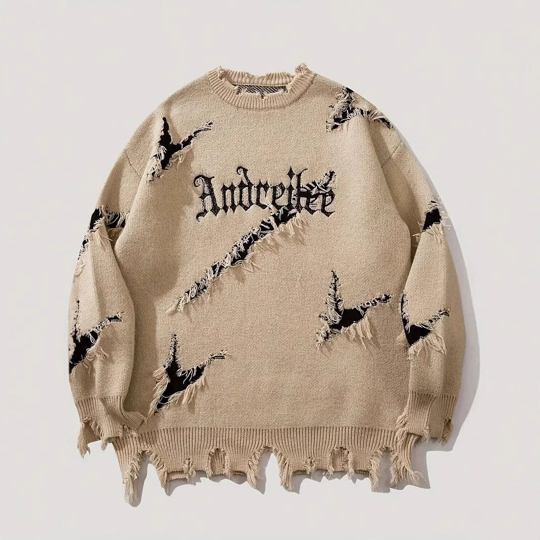 Street Jacquard Ripped Frayed Vintage Loose Sweater