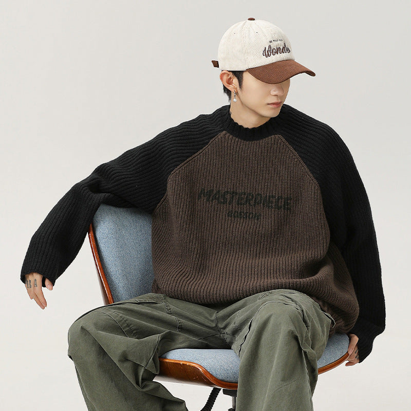 Raglan Sleeve Color Contrast Patchwork Design Sweater
