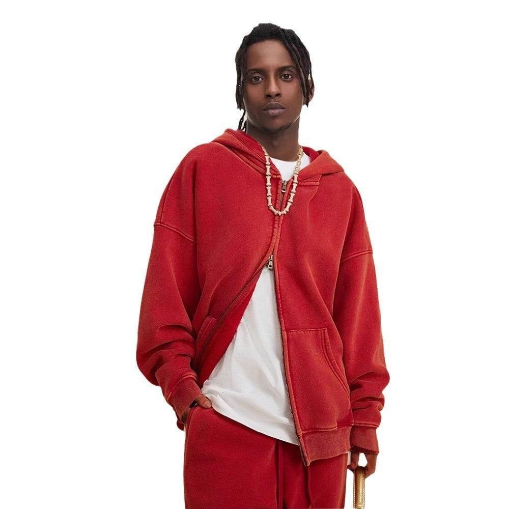 Washed Hooded Cardigan Vintage Fleece-lined Double Zipper Sweater