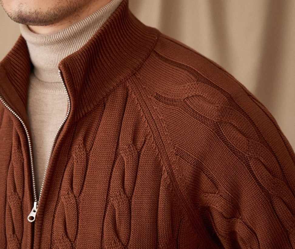 Pure Cotton Knitted British Thickened Twisted Double Zipper Cardigan