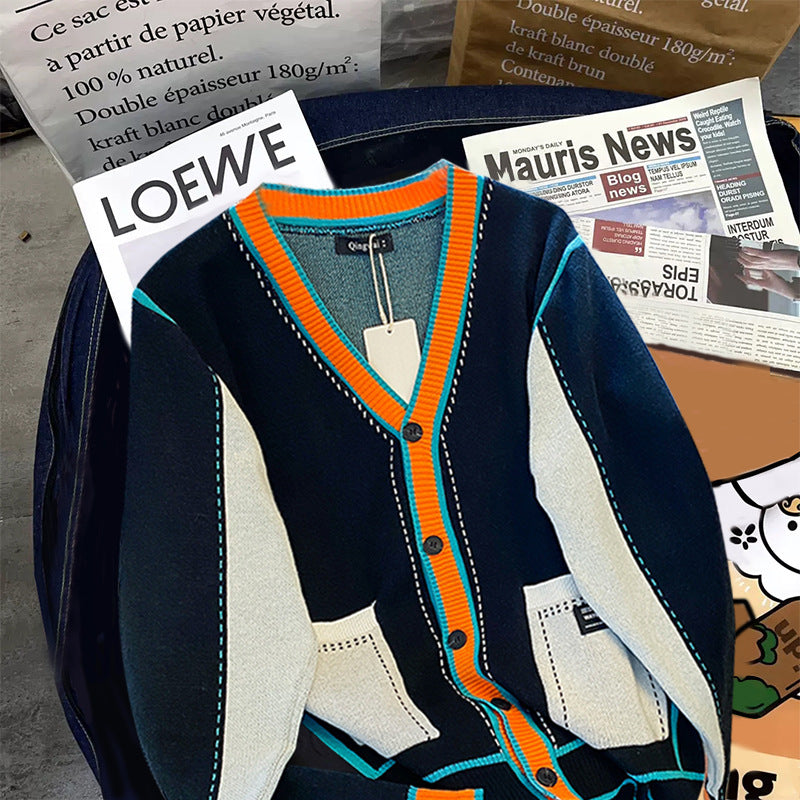 Stitching Contrast Color Knitted Coat Men's Knitwear Sweater