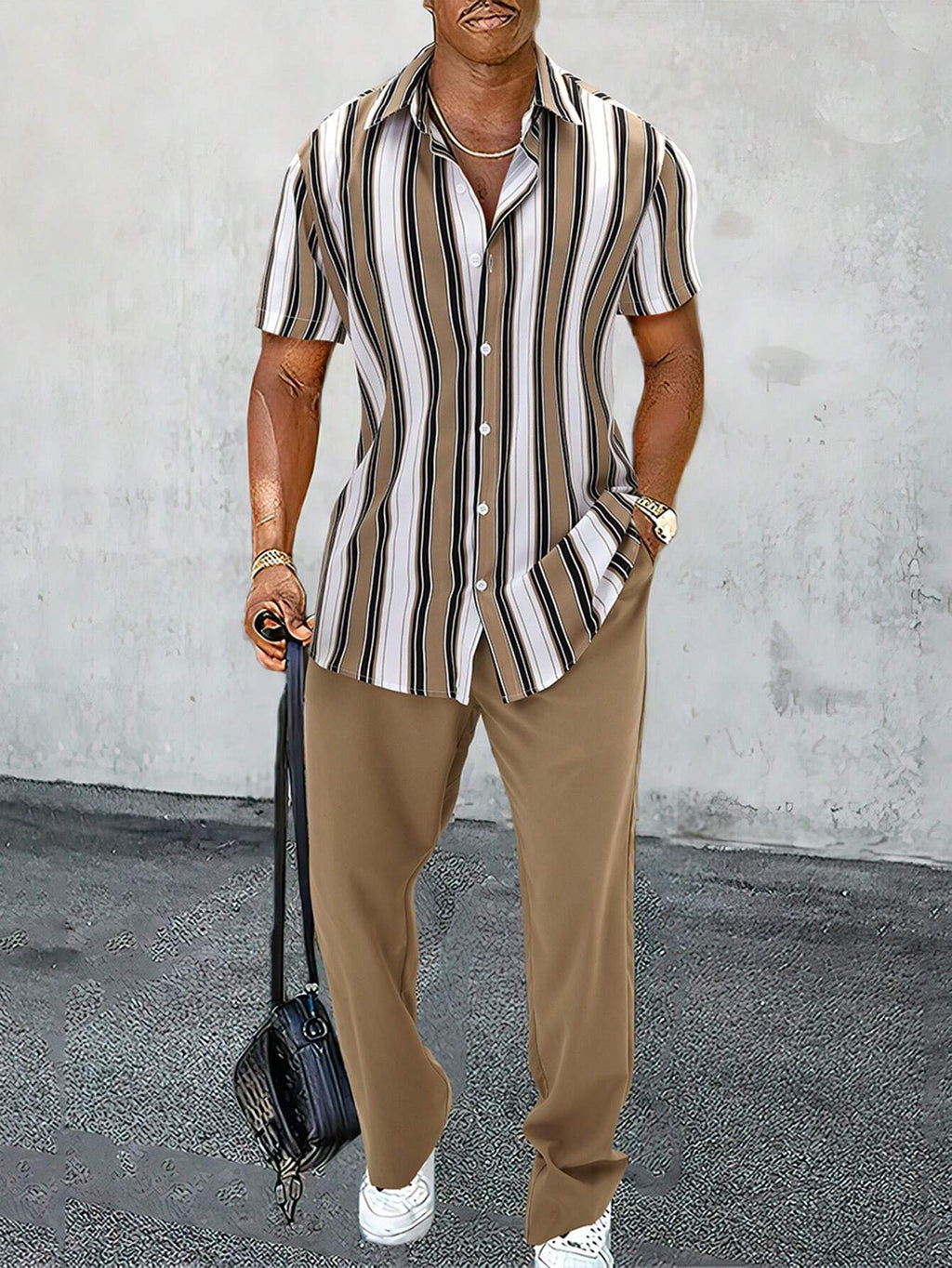 Casual Striped Short Sleeve Shirt Trousers Suit