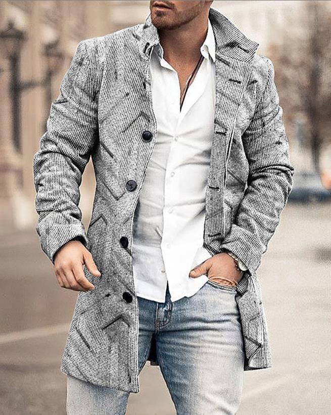 Fall Winter Men Woolen Stand Collar Mid-length trench coat