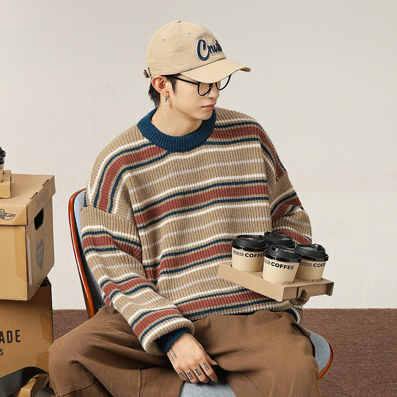 Vintage Contrast Color Striped Round Neck Sweater