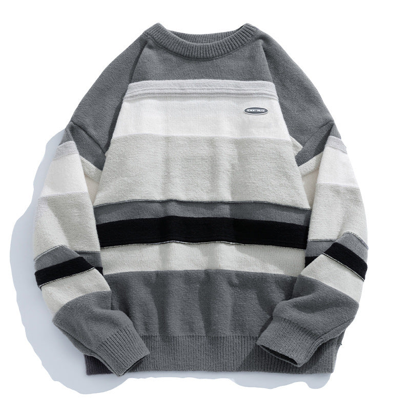 Japanese Style Men's Vintage Stripe Round Neck Sweater