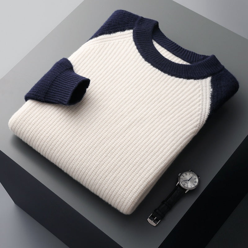 Men's Color-block Crew Neck Ingot Needle Thickened Knitting Wool Base sweater