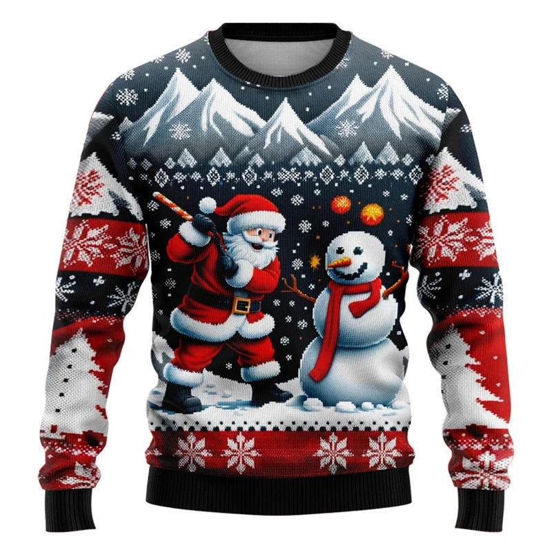 Christmas Snowman Elderly Printed Holiday Party Round Neck Sweater