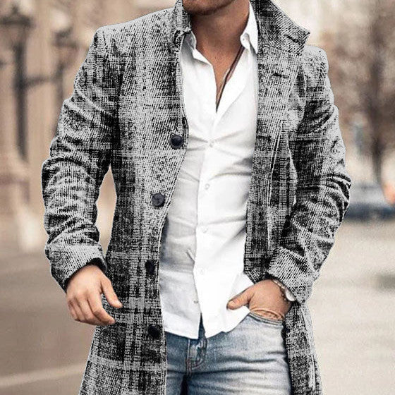 Men's Woolen Stand Collar Medium Long Pocket Casual Coat