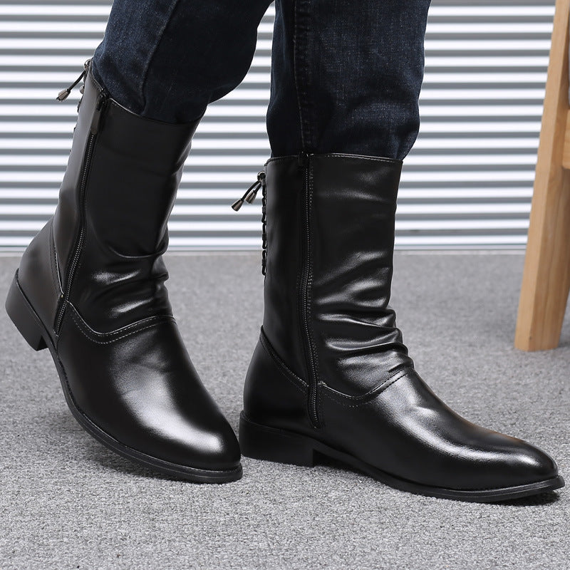 Pointed Leather Boots Men's British Korean High-top Leather Mid-calf Length boots