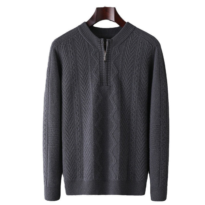 Autumn And Winter Pure Wool Men's Diamond Lattice Loose Half Zipper Sweater