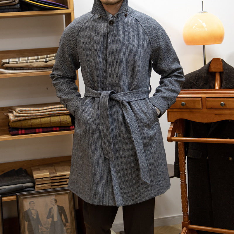 Japanese Leisure Mid-length Herringbone Wool Slim Fit trench Coat