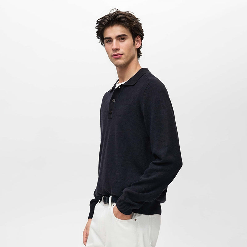 Long Sleeve Button Polo Shirt V-neck Business Men's Sweater