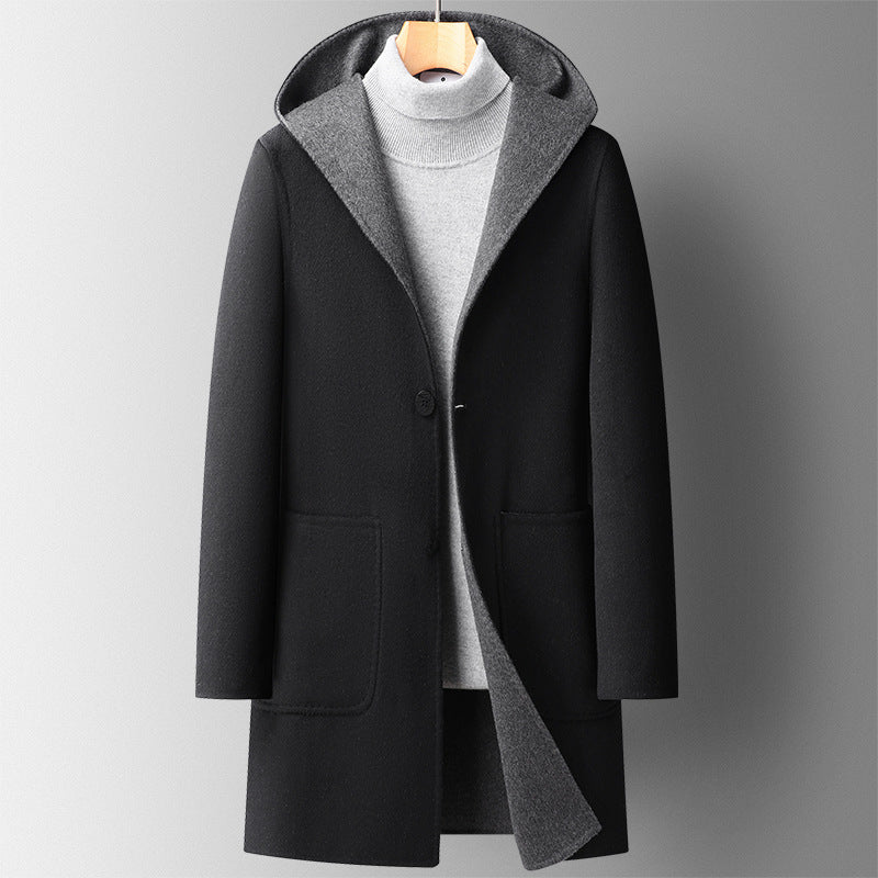 Fall Winter Hooded Double-sided Wear Wool Men's Mid-length Overcoat