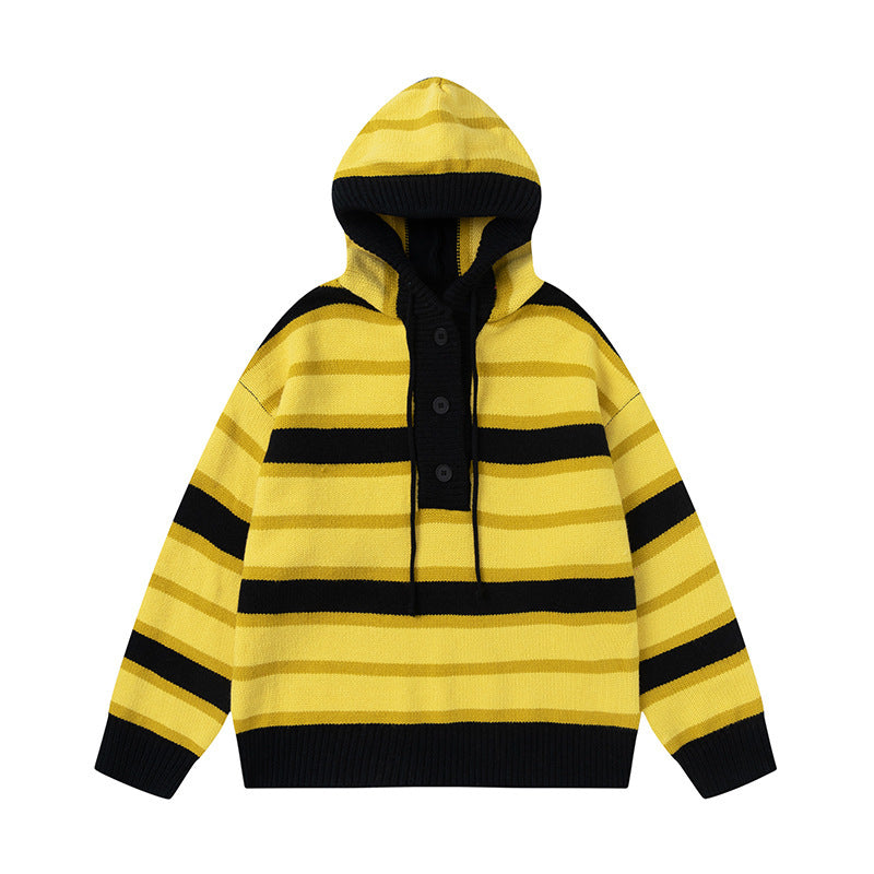 Winter Vintage Stripe Loose Hooded Pullover Sweater