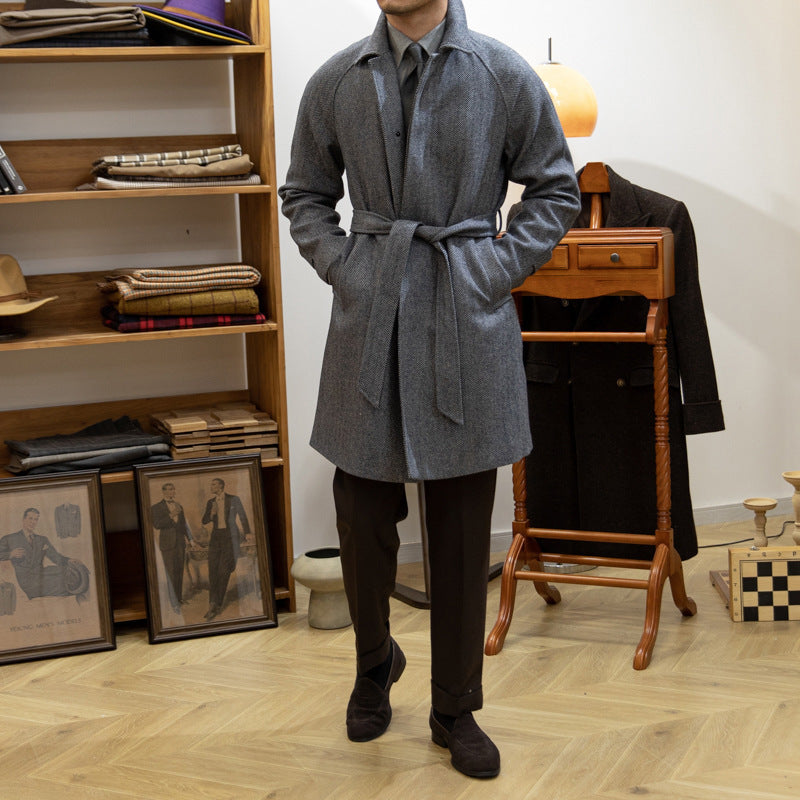 Japanese Leisure Mid-length Herringbone Wool Slim Fit trench Coat