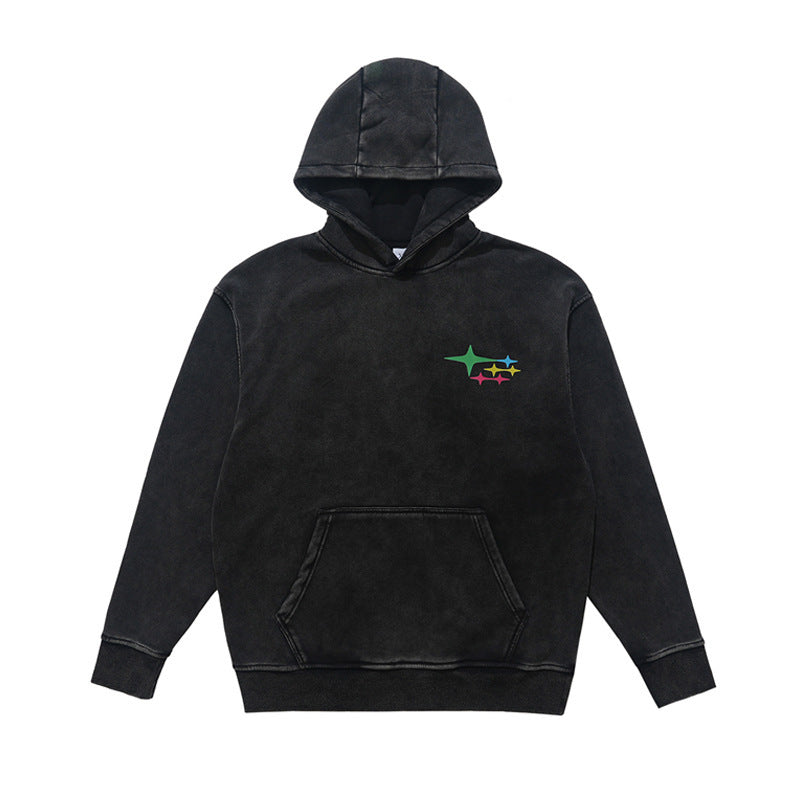 Retro Washed Heavy Large Print Composite Fleece-lined Couple Sweater