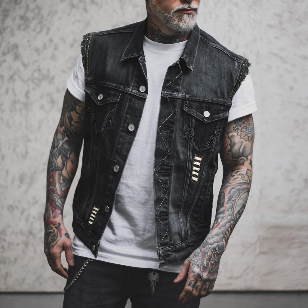 Men's Denim Sleeveless Turn-down Collar Coat