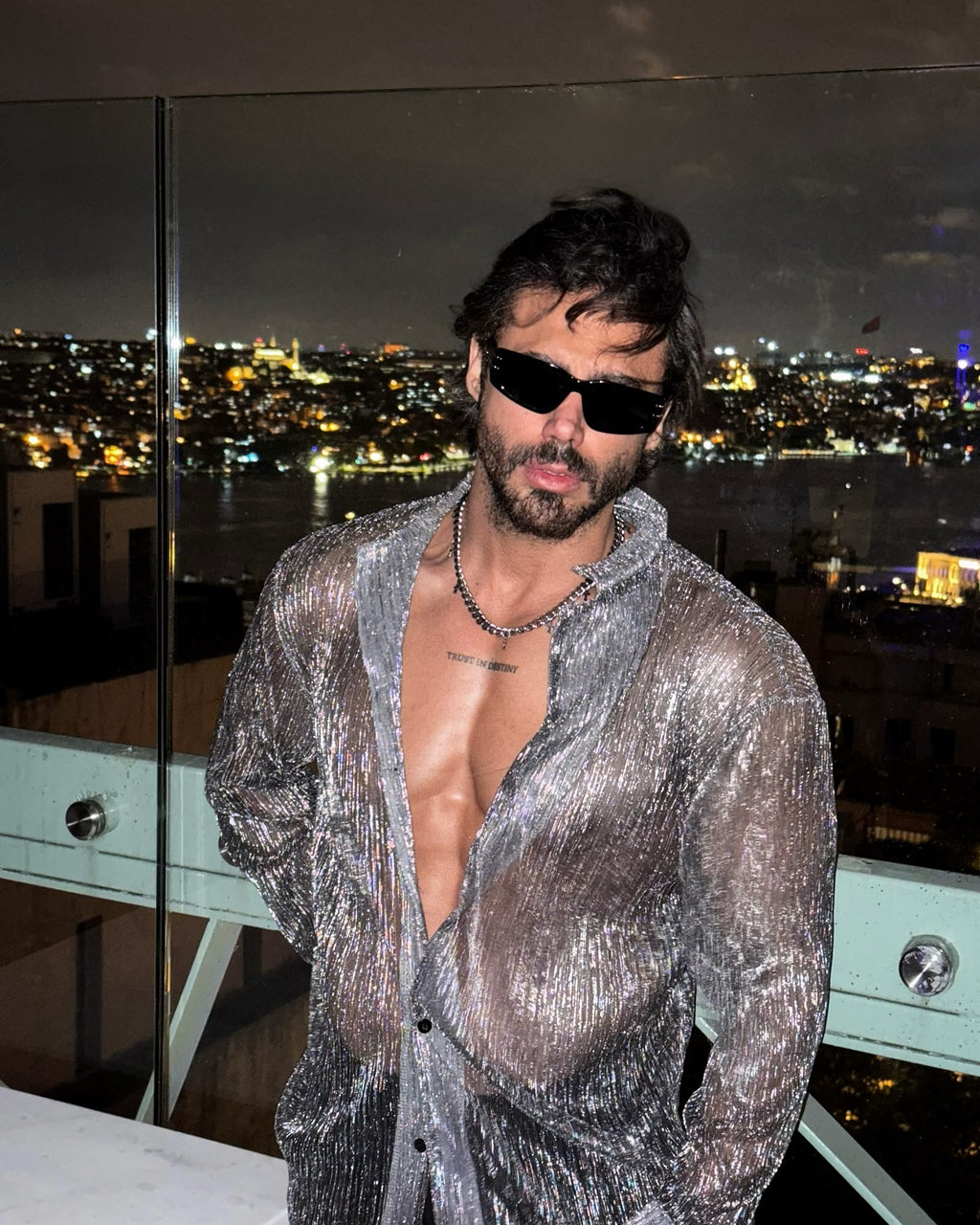 Shiny Crystal See-through Lapel Long Sleeve Shirt