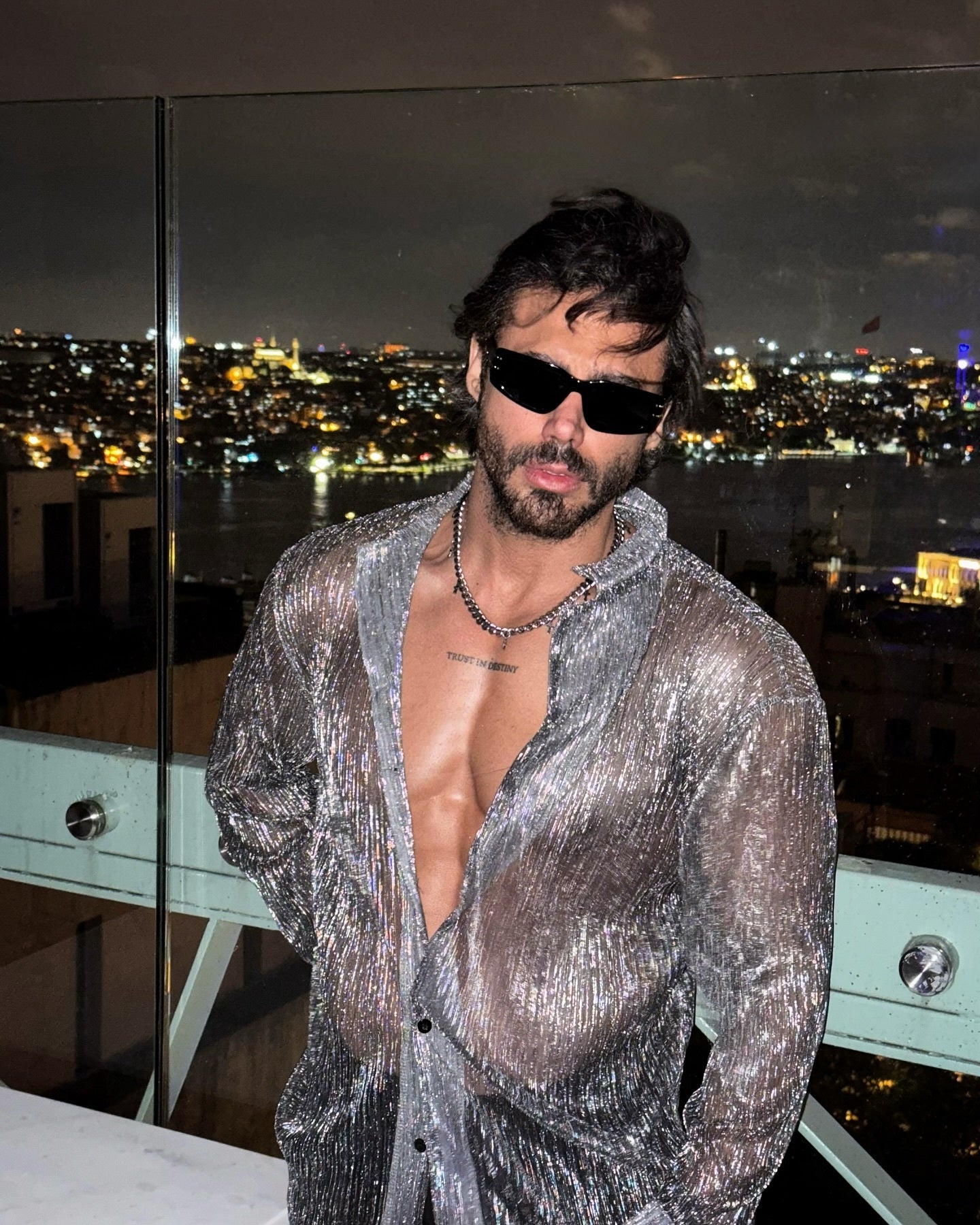 Shiny Crystal See-through Lapel Long Sleeve Shirt