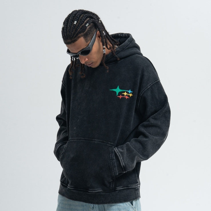 Retro Washed Heavy Large Print Composite Fleece-lined Couple Sweater