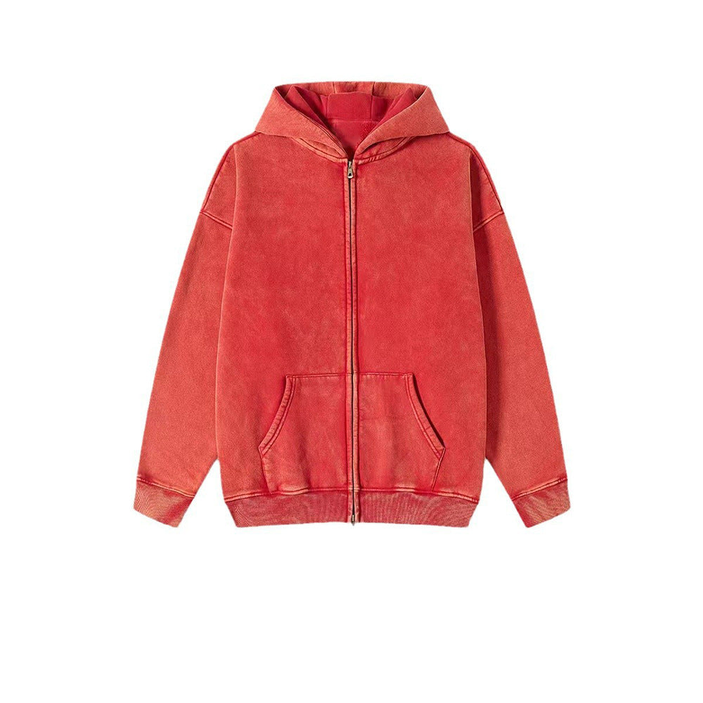 Washed Hooded Cardigan Vintage Fleece-lined Double Zipper Sweater