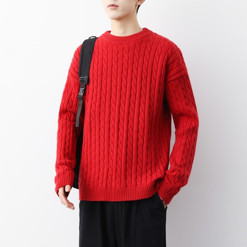 Men's Thick Solid Color Loose Round Neck Twisted Sweater