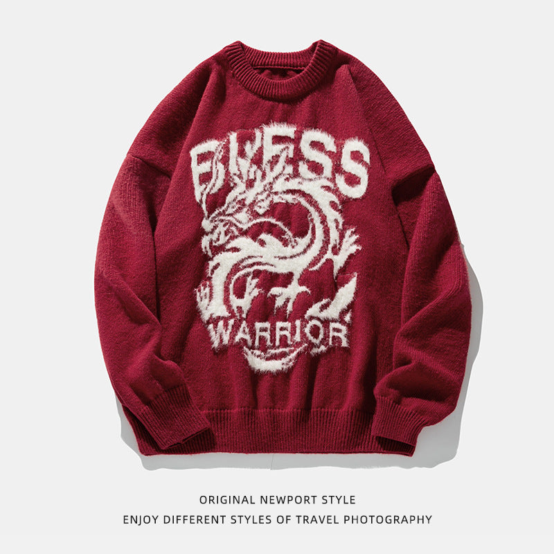 Couple Dragon Year Theme Round Neck Brocade Sweater