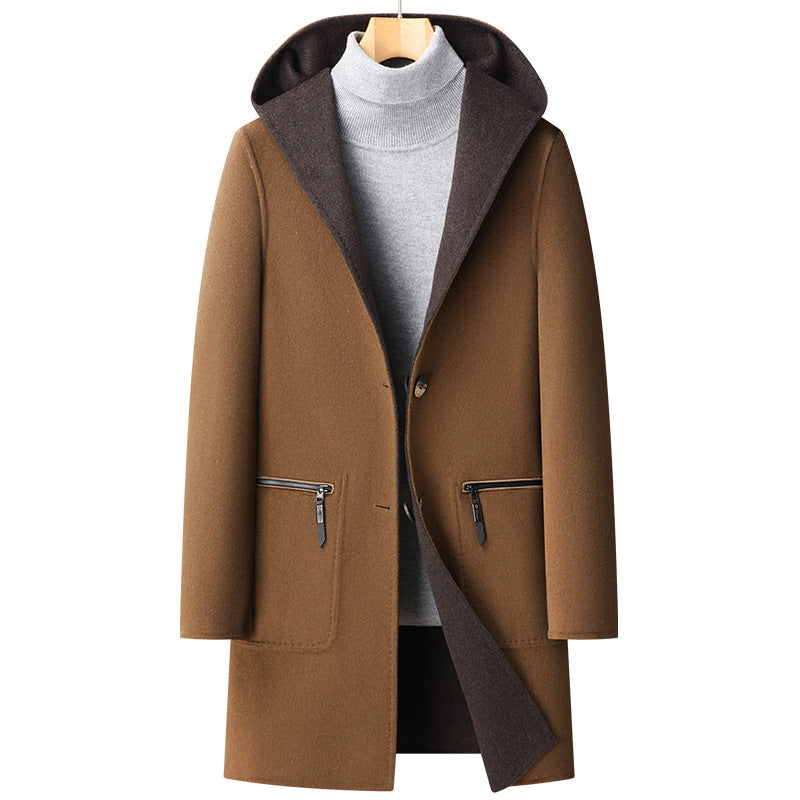 Fall Winter Hooded Double-sided Wear Wool Men's Mid-length Overcoat
