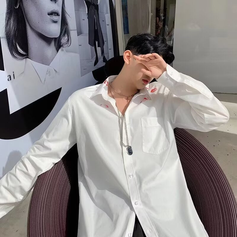 Men's Long-sleeved Lipstick Lip Print Shirt