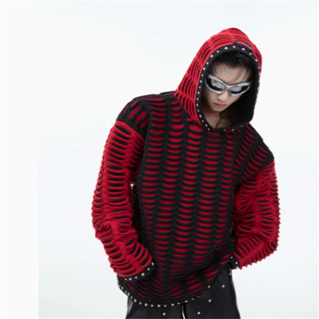 Contrast Color Knitted Hooded Sweatshirt With Metal Rivets