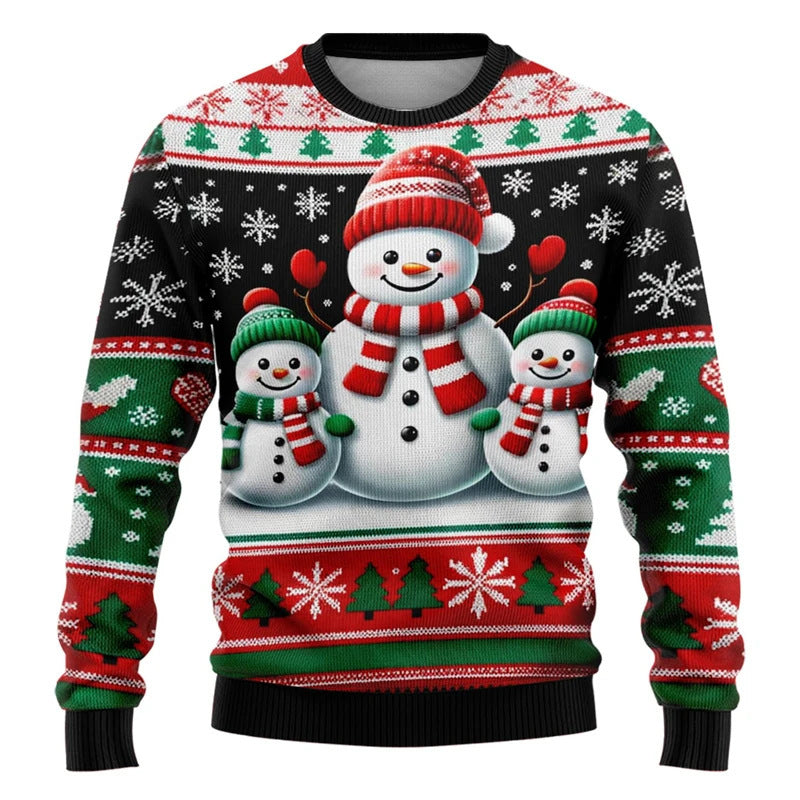Christmas Snowman Elderly Printed Holiday Party Round Neck Sweater