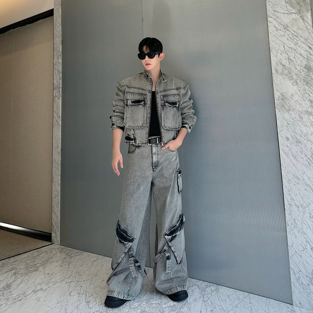 Retro Washed Old Cowboy Special Jacket Wide Leg Pants Suit