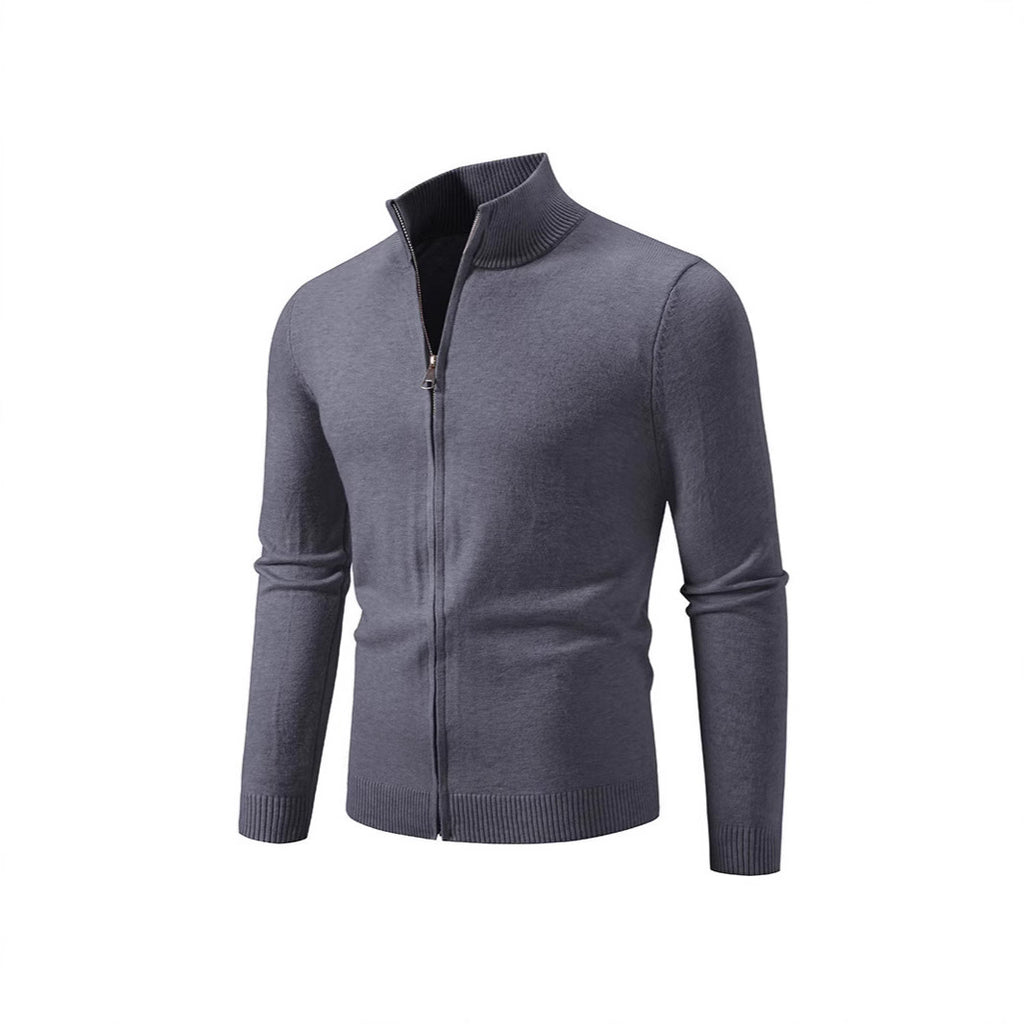 Stand Collar Simple Zipper Solid Color Cardigan Sweater