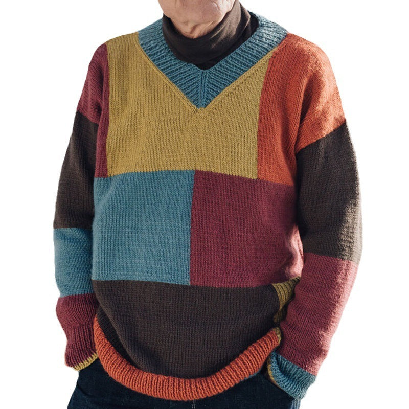 Men's Knitwear V-neck Color-block Long Sleeve Pullover sweater