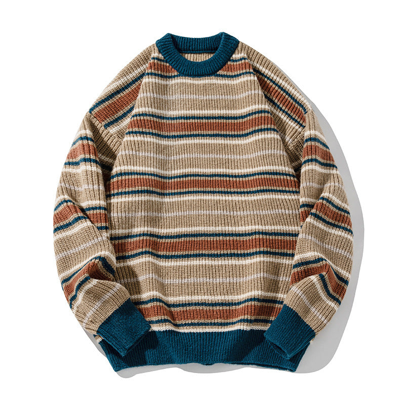 Vintage Contrast Color Striped Round Neck Sweater