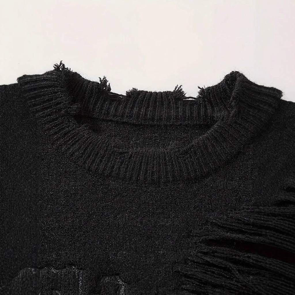 Dark Letter Jacquard Ripped Long Sleeves Warm Sweater