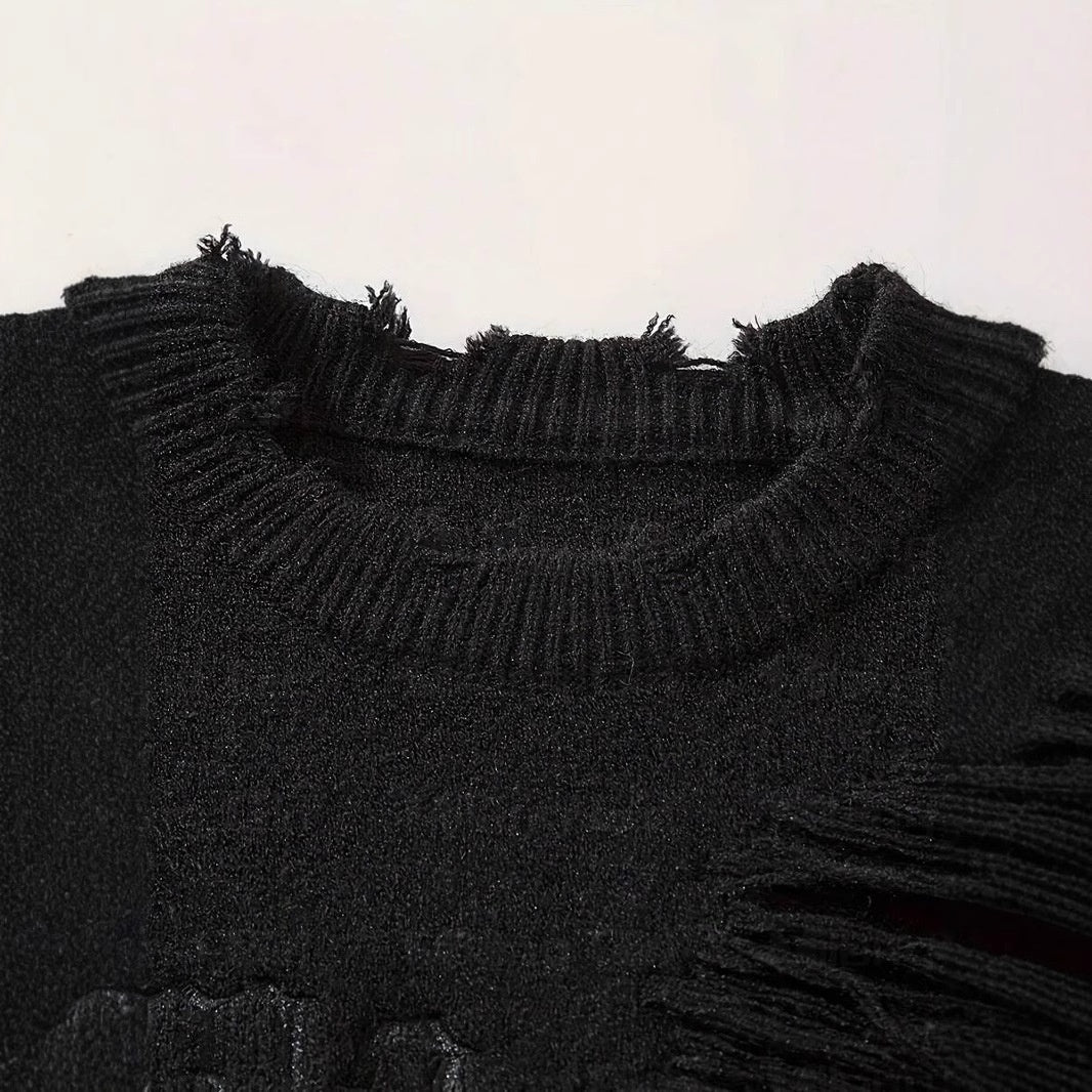 Dark Letter Jacquard Ripped Long Sleeves Warm Sweater