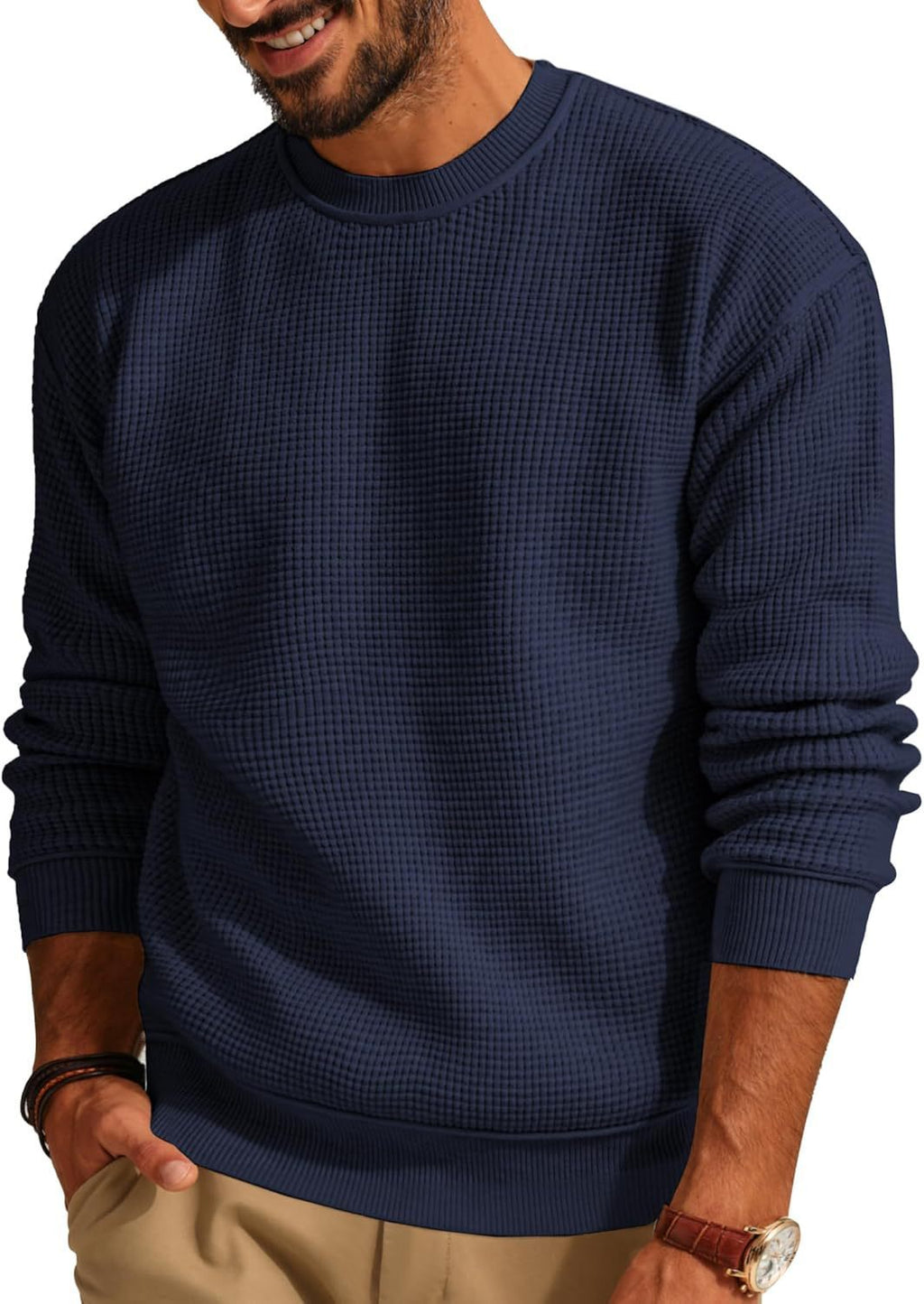 Men's Fashion Solid Color Waffle Casual sweater