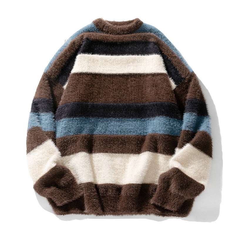 Artificial Mink Fur Contrast Color Striped Round Neck Sweater