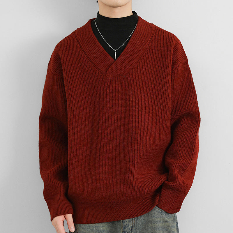 V-neck Men's Solid Color Coarse Yarn Knitted Sweater