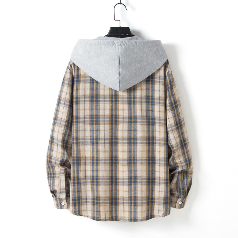 Men's Casual Plaid Long Sleeve Hooded Shirt