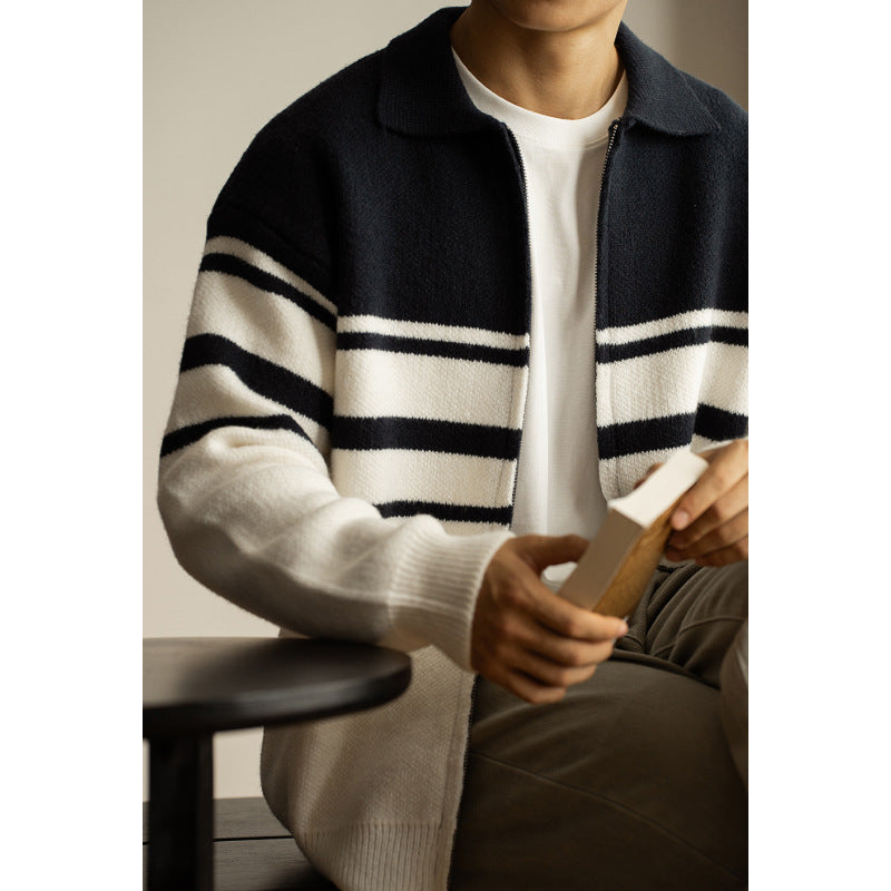 Young Contrast Color Striped Lapel Sweater Men