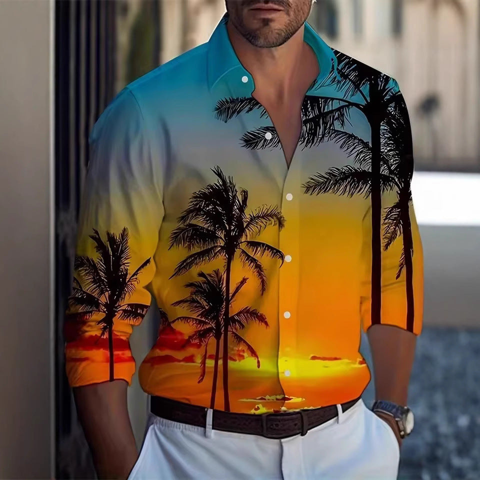 Men's Long Sleeve Palm Tree And Striped Printed Shirt