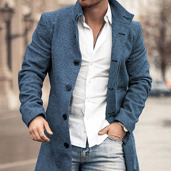 Autumn And Winter Men's Woolen Stand Collar Medium Long Pocket Casual Coat