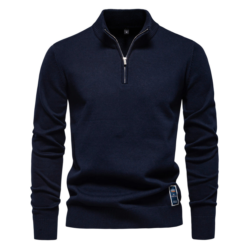 Men's Stand Collar Half Zip Solid Color Cotton Sweater