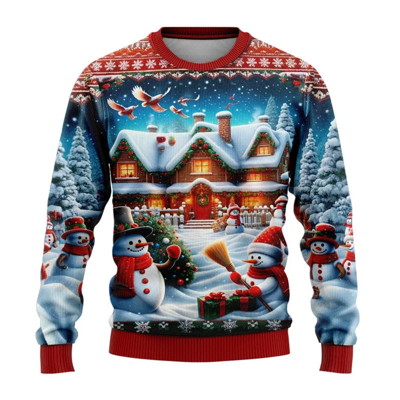 Christmas Snowman Elderly Printed Holiday Party Round Neck Sweater