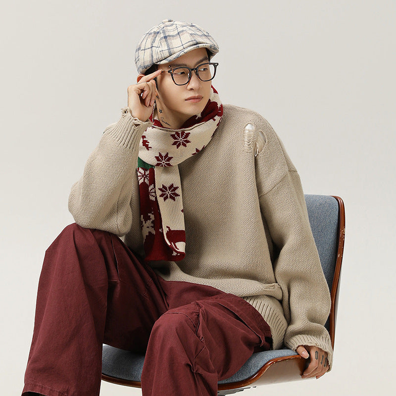 Retro Hollow-out Ripped Design Round Neck Sweater